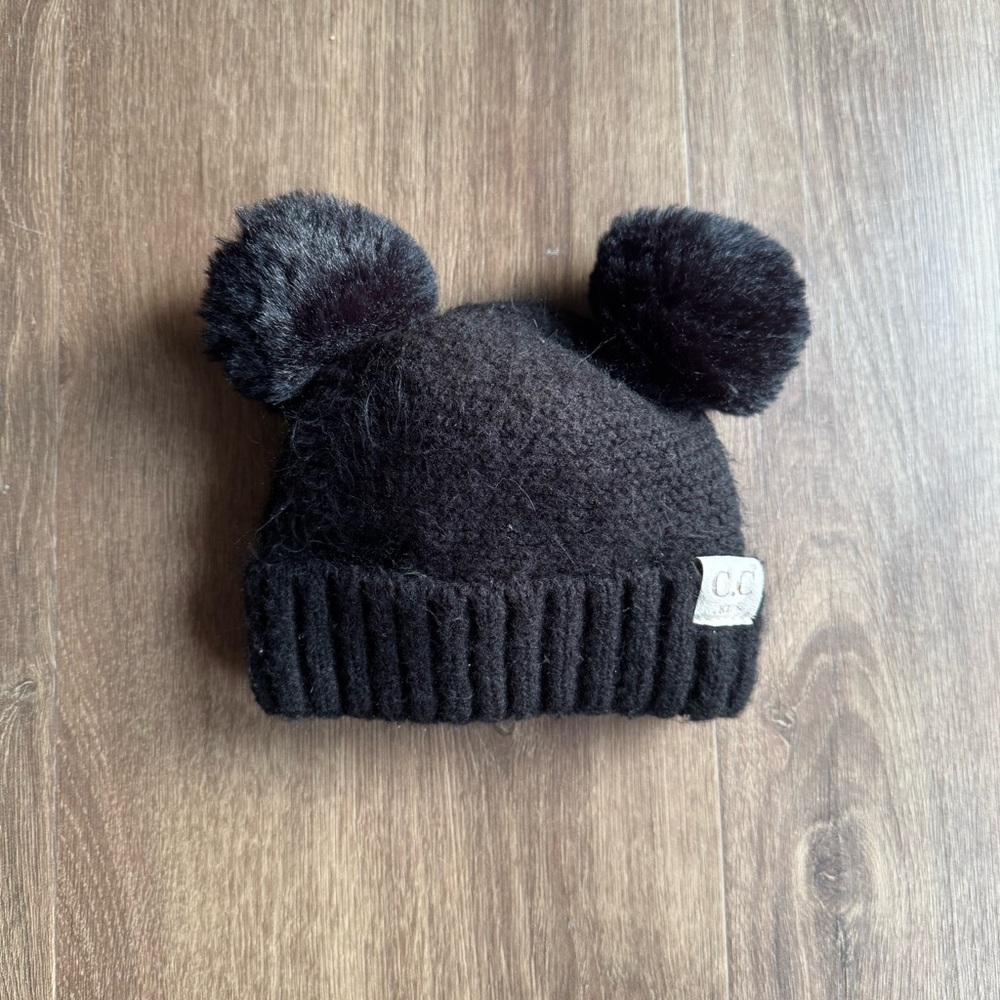 CC Toddler Girls Black Pom Pom Beanie Hat Knit Comfy Outdoor Cozy Casual Warm